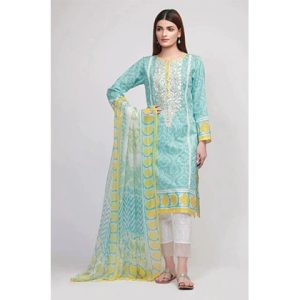 3Pc Lawn Neckline Embroidered with Printed Chiffon Dupatta (D)