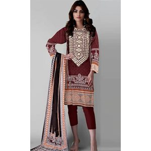 3Pc Lawn Neckline Embroidered with Printed Lawn Dupatta (D)