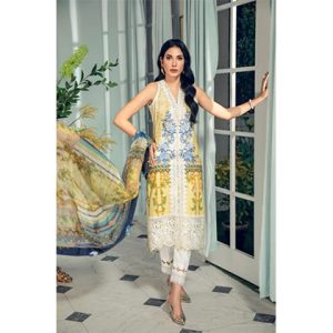 3PC Neckline Embroidered Shirt with Printed Chiffon Dupatta (D)