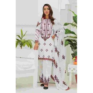 3PC Lawn Neck Embroidered Shirt With Bamber Chiffon Embroidered Dupatta -BFHA801 (B)