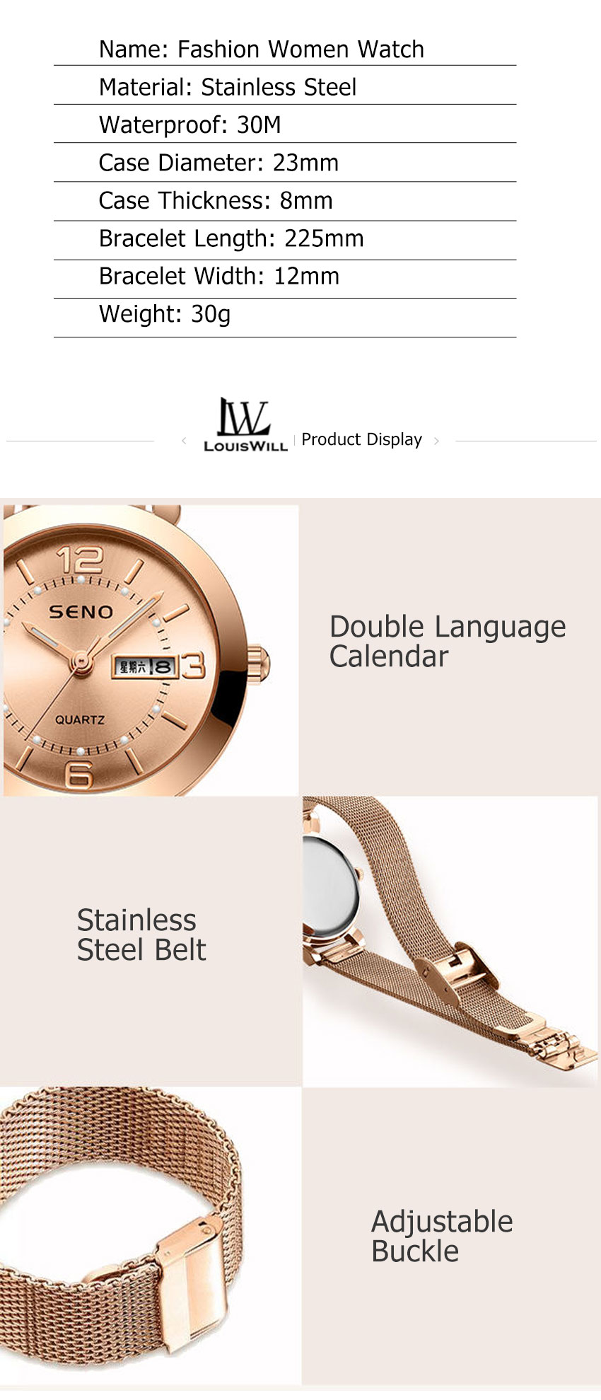 LouisWill Women Watches Fashion Watches Casuals Quartz Watches Round Dial Watches 30M Waterproof Watches Alloy Thin Strap Business Wristwatch with Watch Adjuster for Women - Image 7