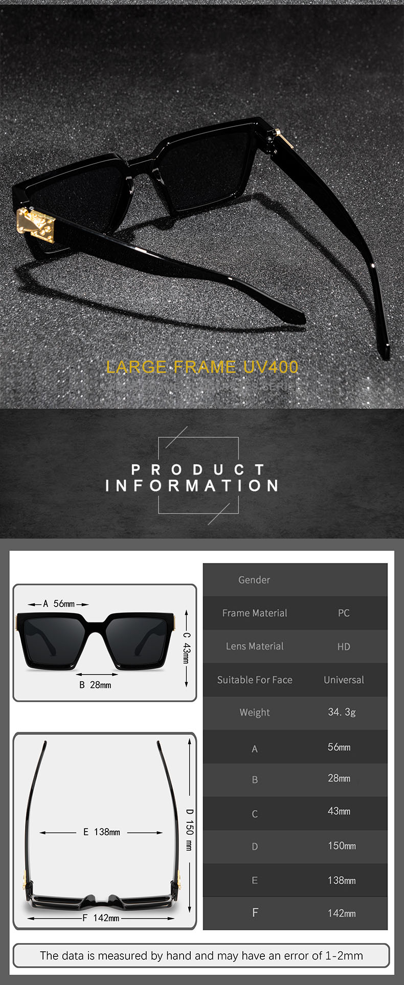 Retro Sunglasses Big Frame 2021 New Square Sunglasses Fashion Wide Side VU400 glasses - Image 3