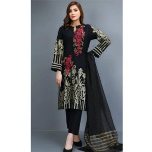 3Pc Lawn Neckline Embroidered Shirt with Printed Chiffon Dupatta (D)