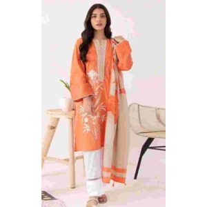 3Pc Neckline Embroidered Shirt with Printed Chiffon Dupatta (D)