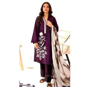 3Pc Neckline Embroidered Shirt with Printed Chiffon Dupatta (D)