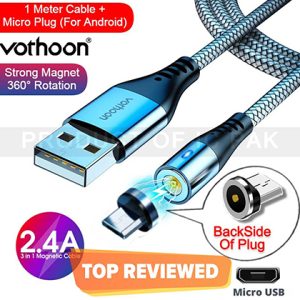 Vothoon 2.4A Magnetic Charging Cable - 1M Cable - 2 in 1 - Nylon Cable - LED Indicator - Android Cable - Micro USB - Type C - Magnetic Cable - 360 Degree Rotation