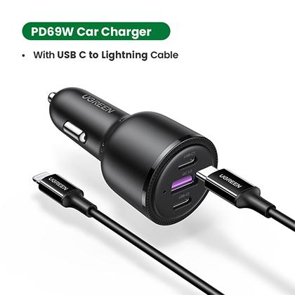 UGREEN 69W Car Charger USB Type C Dual Port PD QC Fast Charging For Laptop Translucent Car Phone Charger Compatible with iPhone 12,11, Samsung S20, S10, Huawei