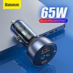 Baseus 65W PD Car Charger QC 4.0 QC 3.0 LED Display Type-C Fast Charger Quick Charger for Mobile and Laptop