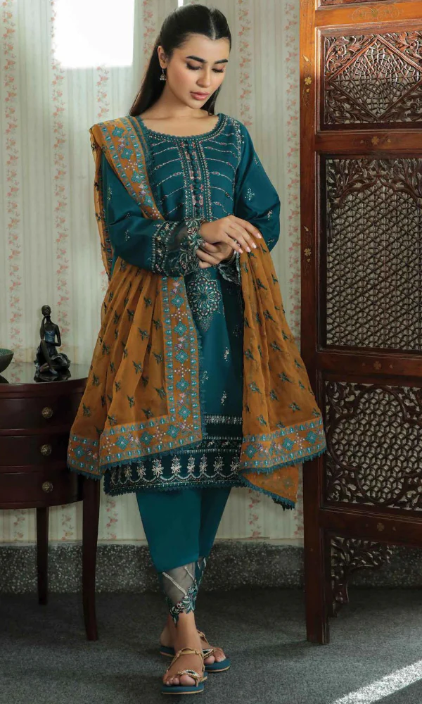 Qalamkar-3PC Linen Embroidered Shirt (D)