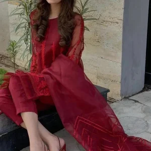 3PC Organza Embroidered Shirt With Linen Inner And (D)