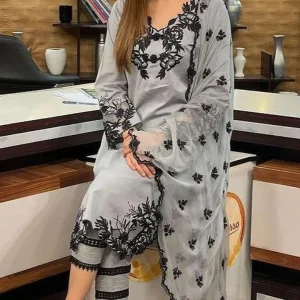 Agha Hassan-3PC Linen Embroidered Shirt (D)