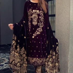 DC-3PC Velvet 5,000 Micro Embroidered Shirt With Embroidered Velvet Shawl