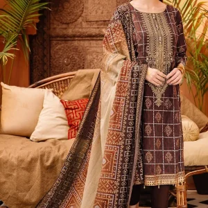 Baroque - 3PC Linen Neckline Embroidered Shirt With Linen Printed Duppata