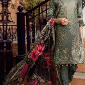 Iznik - 3PC Dhanak Front Panel Embroidered with Printed Dhanak Dupatta