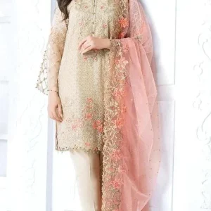 Gul Ahmed- 3PC Linen Neckline Heavy Embroidered Shirt With Embroidered Dupatta