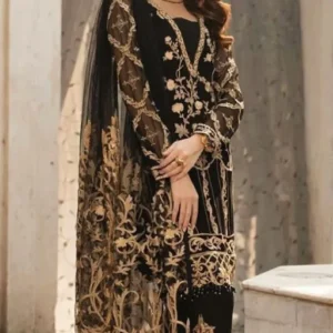 Eden Robe - 3PC Heavy Embroidered Linen Shirt With Embroidered Chiffon Dupatta