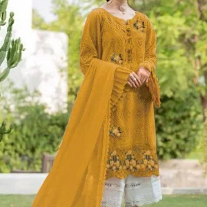 Maria B. - 3PC Chicken Kari Heavy Embroidered Linen Shirt With Chiffon Embroidered Dupatta