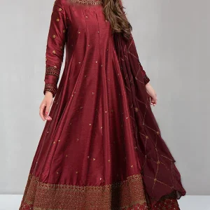 MARIA B. - 3PC Kataan Silk Heavy Embroidered Frock With Bamber Embroidered Dupatta