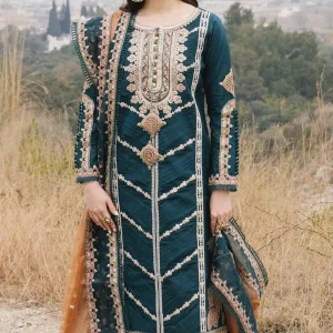 Qalamkar - 3PC Linen Heavy Embroidered Shirt With Embroidered Organza Dupatta