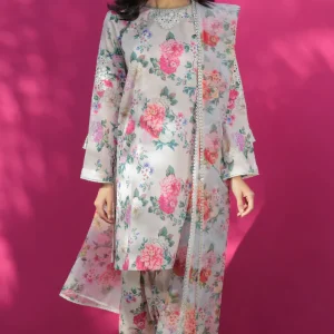 NISA - 3PC Silk Printed Shirt With Organza Printed Dupatta