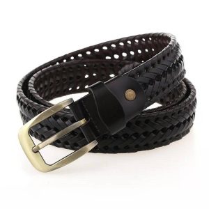 High Quality New Trendy Woven Leather Metal Buckle Belt For Men-Black