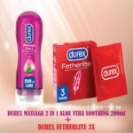 Durex Pack of 3 - Durex Aloe Vera gel 200ml, Extra safe 3s, Fetherlite 3s