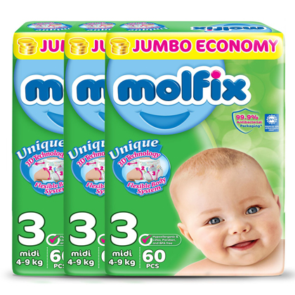 Pack Of 3 , Molfix Diaper,Size 3, Midi 4-9Kg, 60Pcs,Jumbo Packs