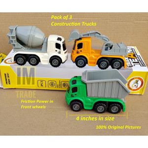 Construction Trucks set of 3 with Friction power front wheels for Kids and Children