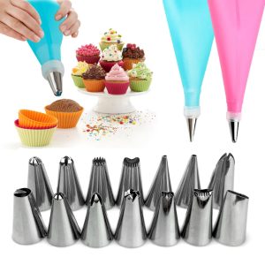 Cakeware 14 Piece Cake Decorating Set Frosting Icing Piping Bag Tips With Steel Nozzles