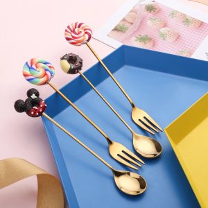 Cartoon Lollipop Doughnut Mickey Spoon Fork Stainless Steel Gold Tea Coffee Stirring Spoon Fruit Dessert Fork Teaspoon Tableware