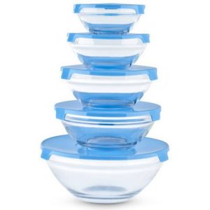5 Piece Bowl Set Glass Container Gift Box Glass Box Storage Bowl set with Coloured Plastic Lid Daba Dhakan