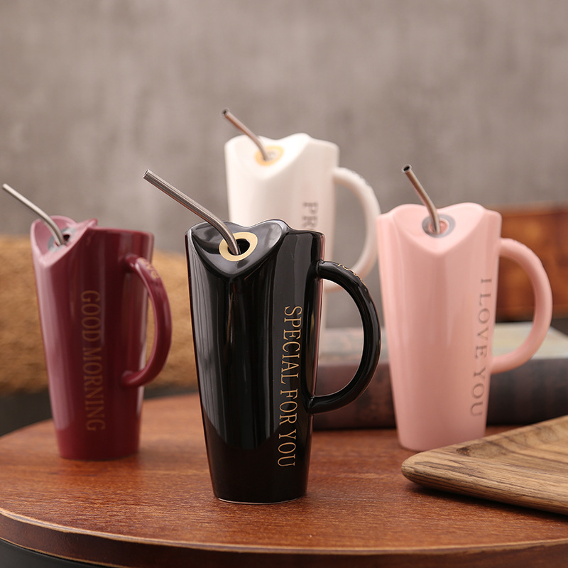 New Ceramic Mug With Stainless Steel Straw Coffee Mug Porcelain Tea Milk Cups