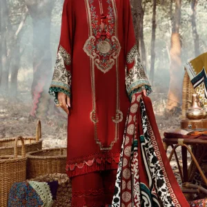 Maria.b 3-PC Embroidered Dhanak Shirt With Printed Shawl