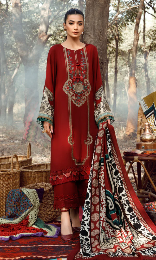 Maria.b 3-PC Embroidered Dhanak Shirt With Printed Shawl