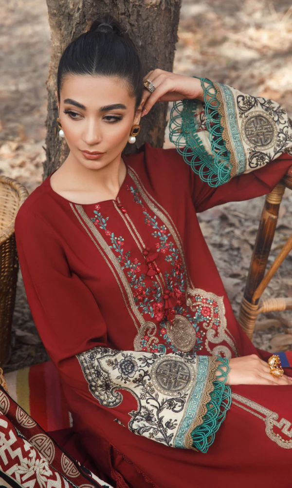 Maria.b 3-PC Embroidered Dhanak Shirt With Printed Shawl - Image 2