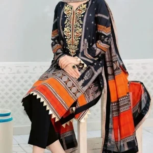 Gul Ahmed- 3PC Embroidered Printed Shirt with Printed Chiffon Dupatta