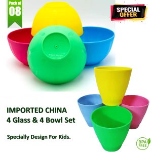 Tiny Small size Pack of 8- 4 Imported High Quality Unbreakable glass + 4 Imported bowl- Imported plastic  Stylish and Durable Plastic BowlsGlass Set