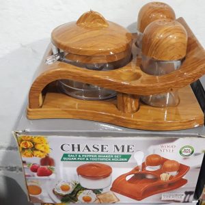 NEW WOOD STYLE SALT & PAPPER SHAKER SET SUGAR POT & TOOTHPICK HOLDER