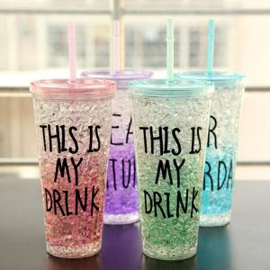 Attractive Acrylic Frosty Mason Jar Ice Cup with Straw and Lid Freezing Gel for Juice 450 ML