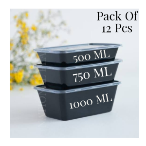 Black Food Container Disposable Boxes rectangular 500ML 750 ML 1000 ML Pack Of 12 Pcs