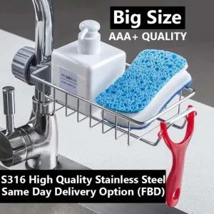 Sponge Holder, Stainless Steel Faucet Storage Rack, Adhesive Sink Caddy Organizer for Brush, Towel