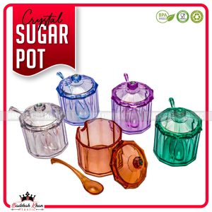 Clear Crystal Sugar Pot & Spoon - Premium Quality Diamond Crystal Sugar Pot With Spoon For Daily Use - BPA Free Environment Friendly Crystal Sugar Pot