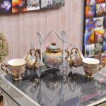 Ceramic Decoration Tea Cup Set with Kettle Spoon Household Green Tea Cup Kettle Set with Stand