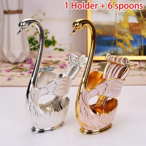 Dining Table+6 Pcs Spoons Tableware Spoon Set Stainless Steel Fruit Cake Coffee Tea Spoon Swan Holder Cutlery Decor