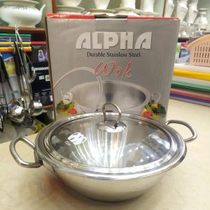 Alpha Stainless Steel Wok  Double Bottom  Encapsulated Bottom Karahi With Glass Lid [24, 26, 28, 30 & 32cm]