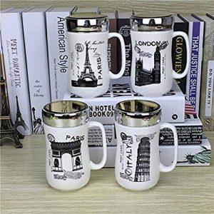 Fancy Cute White Travel Flower Eiffel Tower Printed Ceramic Coffee Milk Tea Mugs Cup with Mirror Lid For Boys Girls with Handle - 450 ML