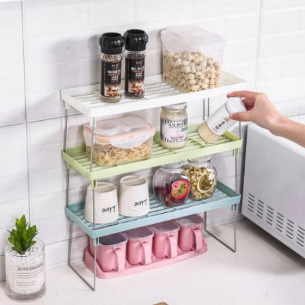 1 piece Stack up shelf space saver plastic racks Folding Kitchen cupboard Organizer Cabinet