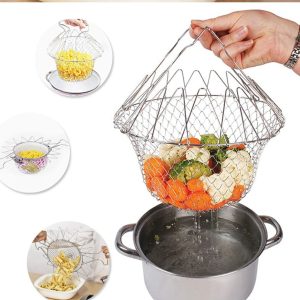 Chef Basket Ideal For kitchen, Foldable Steam Rinse Strain Fry Chef Basket Strainer Net Kitchen Cooking Tool, 1 Piece