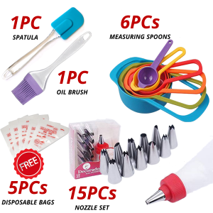 Best Cake Baking Deal Accessories Combo - Decorating Cake Nozzle Set, Silicon Spatula, Oil Brush and Measuring Spoons