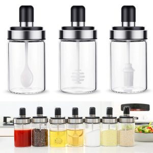 Kitchen Glass Seasoning Bottle Spice jar with spoon,brush and honey lid